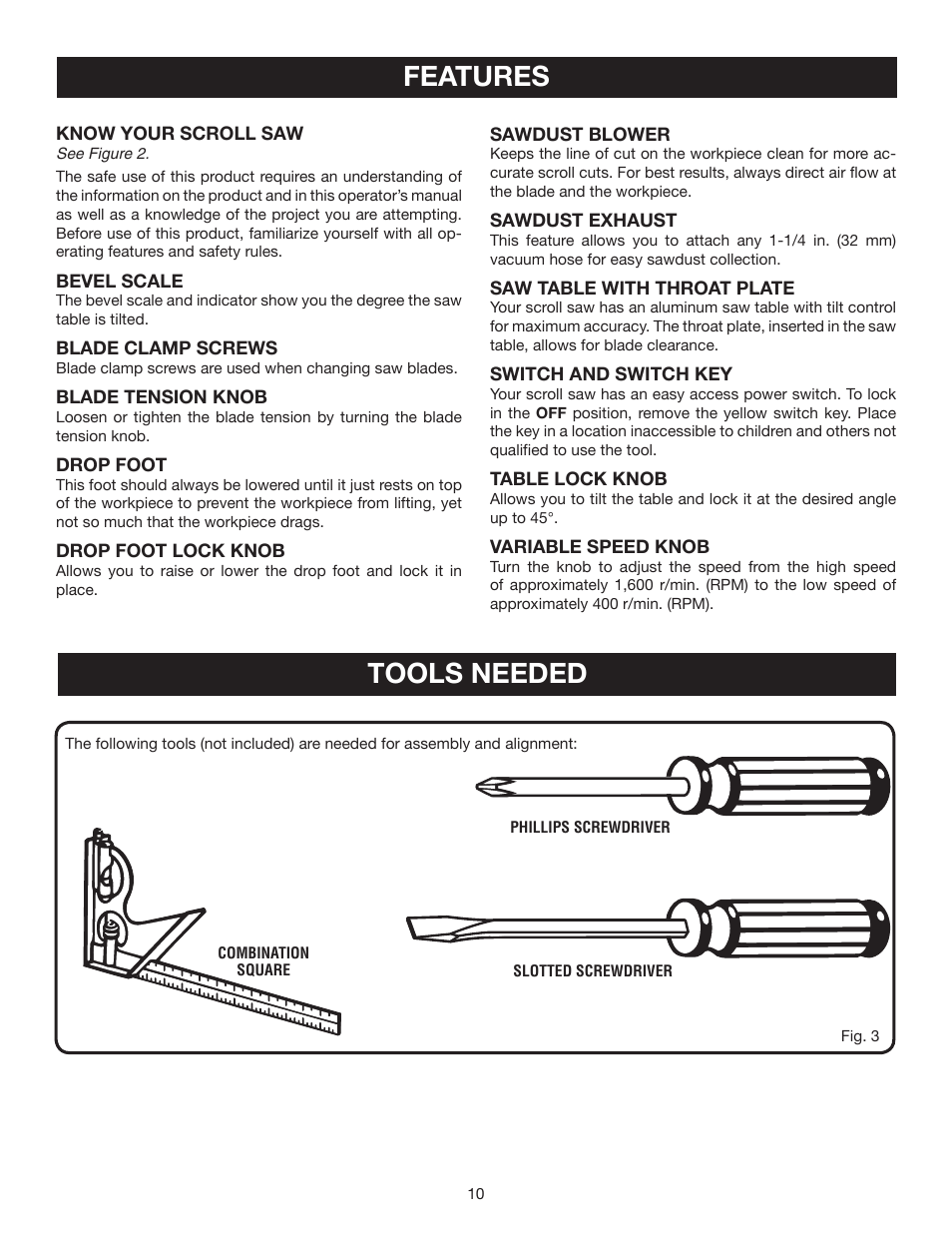 Features, Tools needed | Ryobi SC164VS User Manual | Page 10 / 22