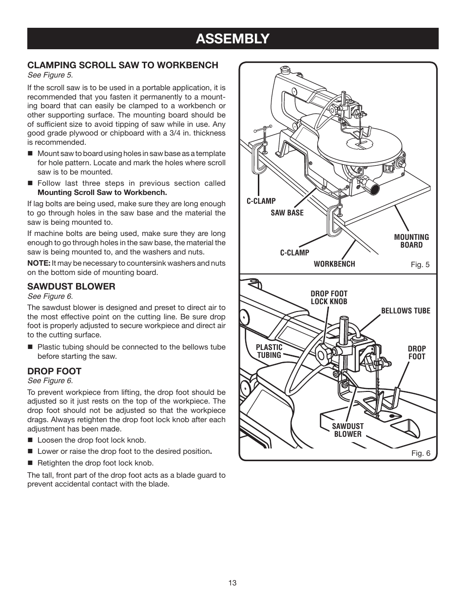 Assembly, Clamping scroll saw to workbench, Sawdust blower | Drop foot | Ryobi SC164VS User Manual | Page 13 / 22
