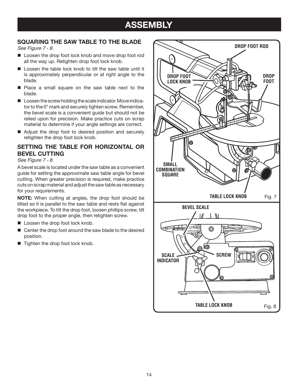 Assembly, Squaring the saw table to the blade, Setting the table for horizontal or bevel cutting | Ryobi SC164VS User Manual | Page 14 / 22