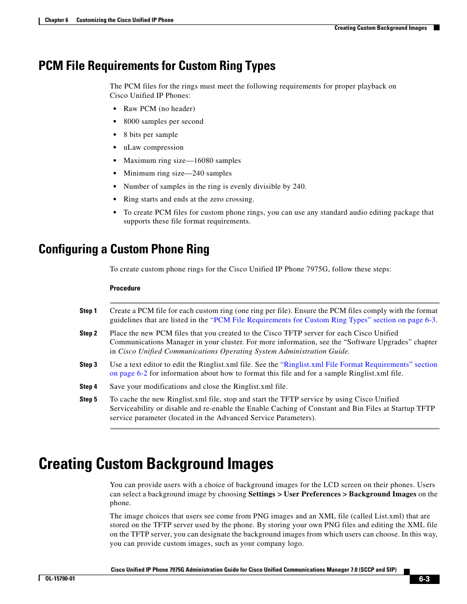 Pcm file requirements for custom ring types, Configuring a custom phone ring, Creating custom background images | Cisco OL-15790-01 User Manual | Page 3 / 10
