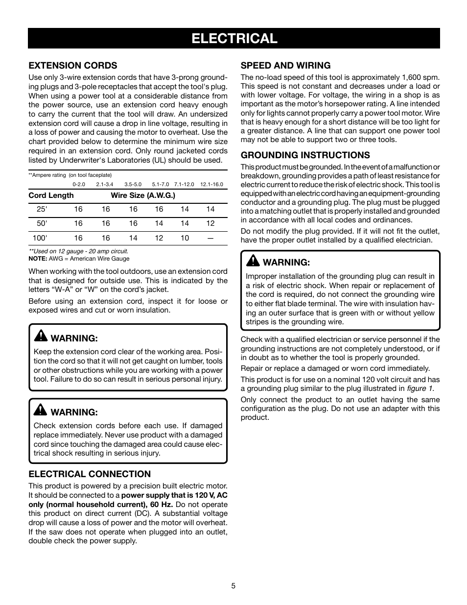 Electrical | Ryobi SC165VS User Manual | Page 5 / 48