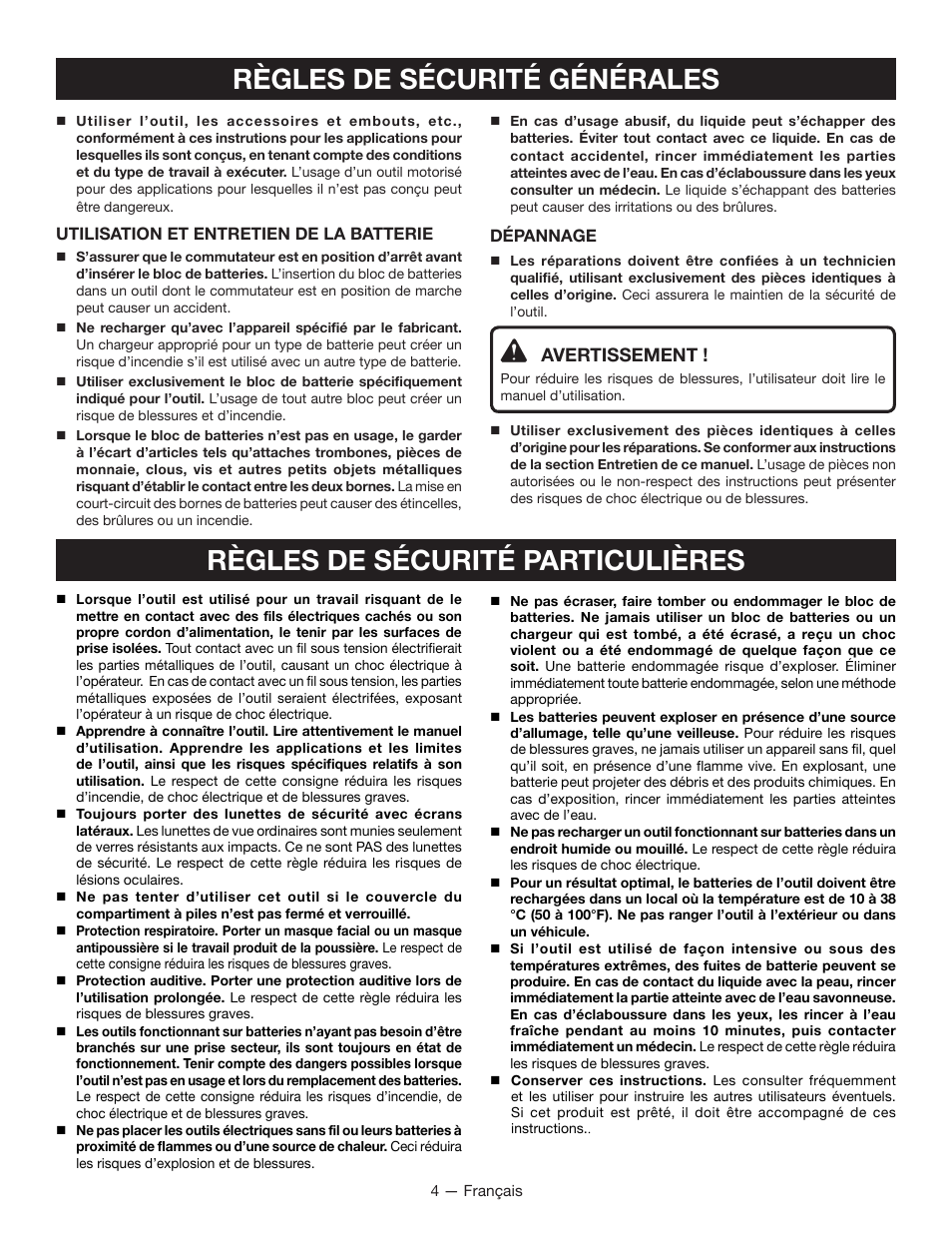 Avertissement | Ryobi MC100L User Manual | Page 11 / 24