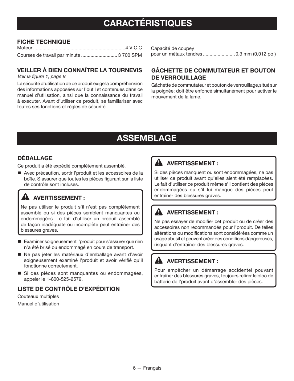 Caractéristiques, Assemblage | Ryobi MC100L User Manual | Page 13 / 24