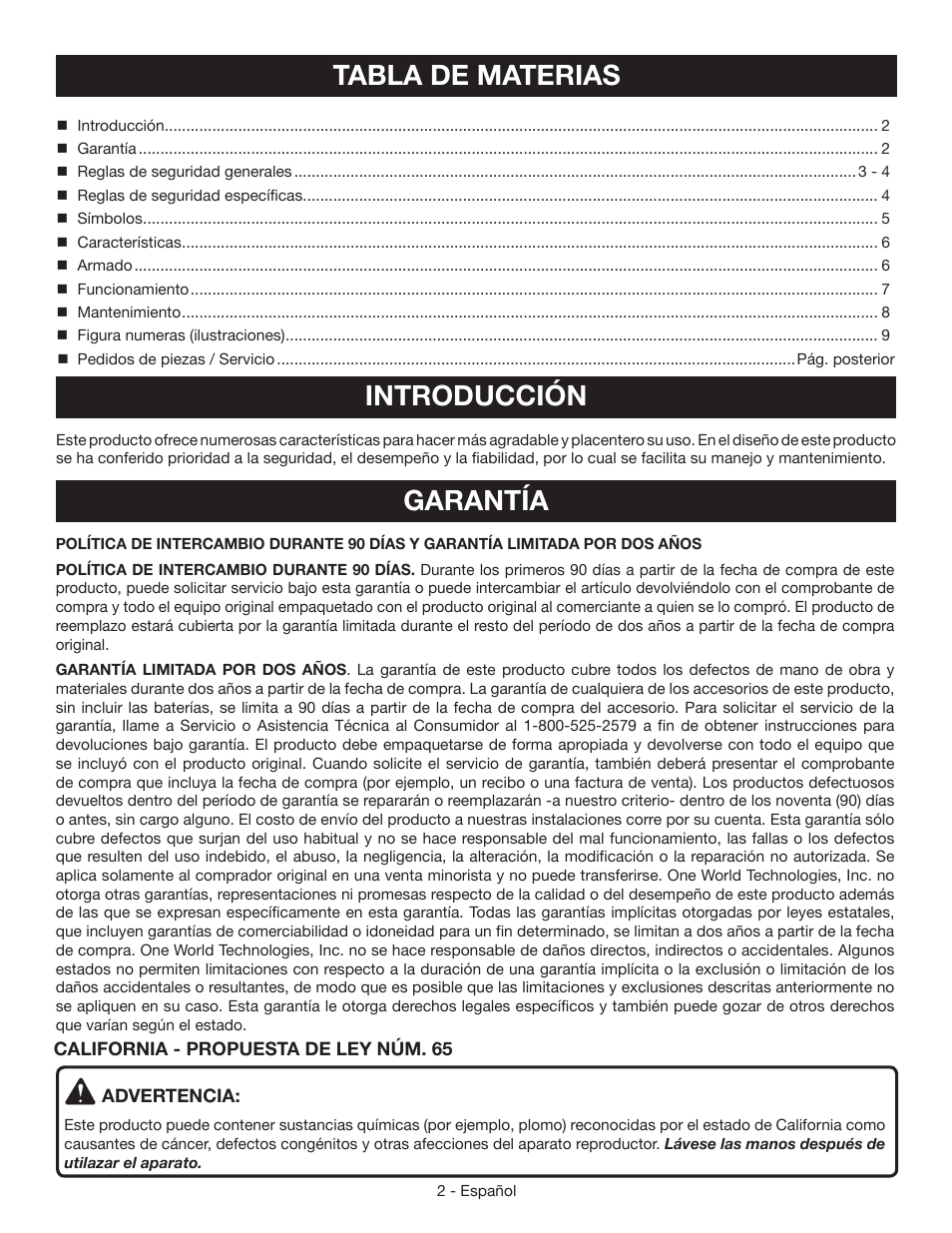 Tabla de materias introducción, Garantía | Ryobi MC100L User Manual | Page 16 / 24