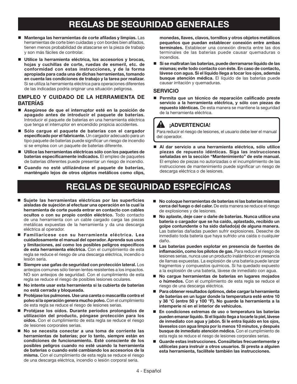 Reglas de seguridad generales, Reglas de seguridad específicas | Ryobi MC100L User Manual | Page 18 / 24