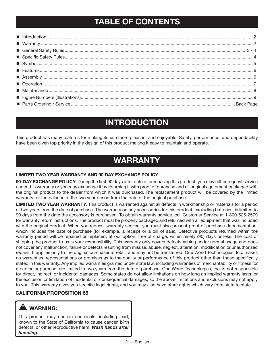 Table of contents introduction, Warranty | Ryobi MC100L User Manual | Page 2 / 24