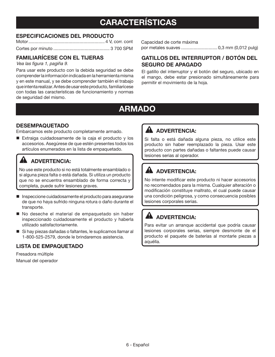 Características, Armado | Ryobi MC100L User Manual | Page 20 / 24