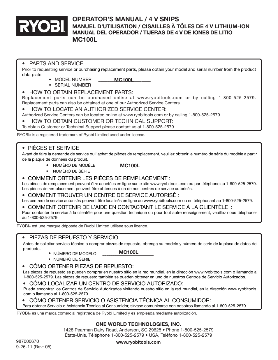 Operator’s manual / 4 v snips, Mc100l | Ryobi MC100L User Manual | Page 24 / 24