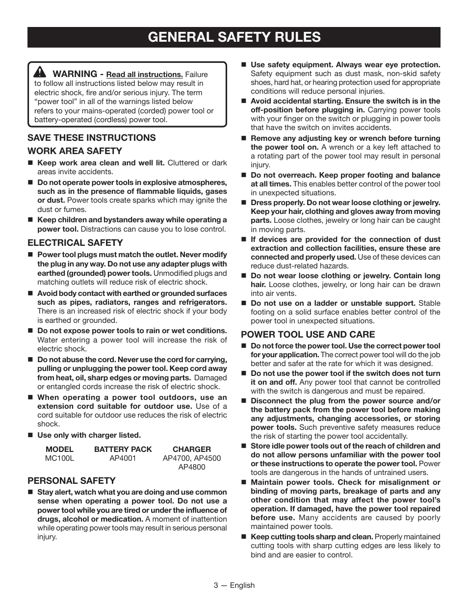 General safety rules | Ryobi MC100L User Manual | Page 3 / 24