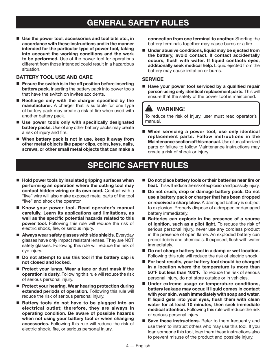 General safety rules specific safety rules | Ryobi MC100L User Manual | Page 4 / 24