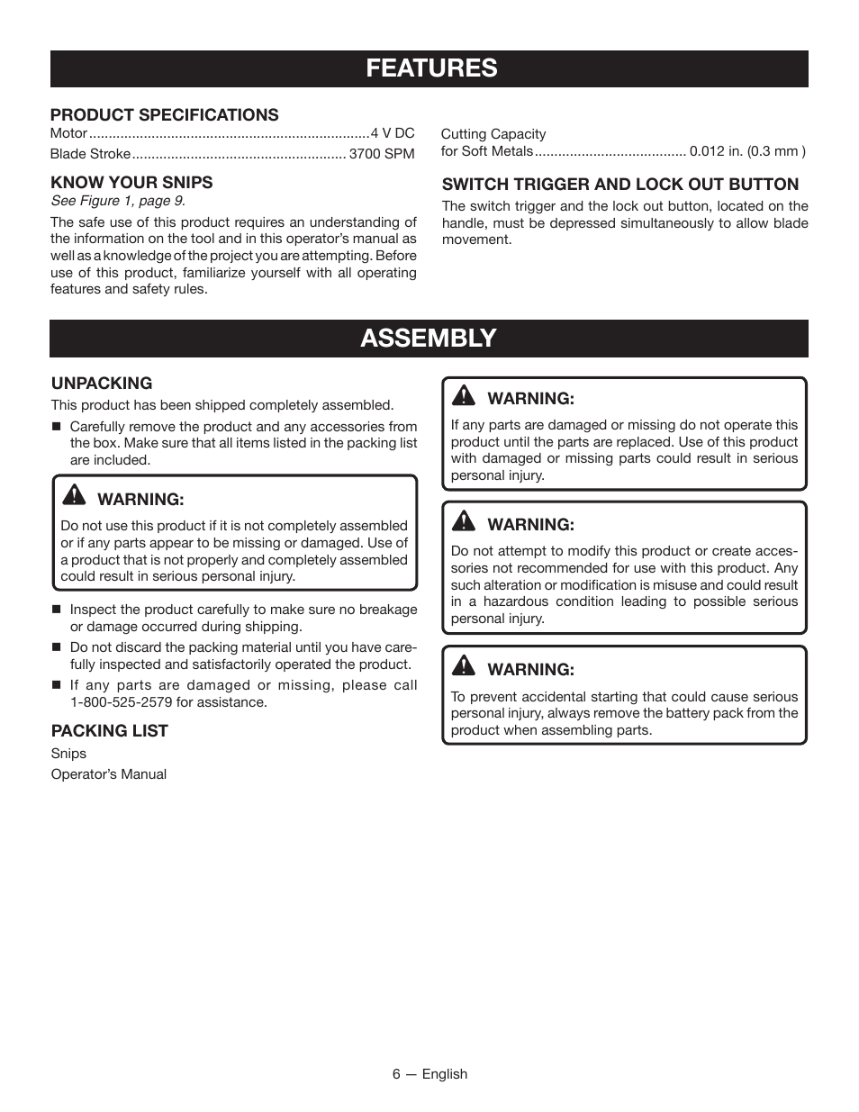 Features, Assembly | Ryobi MC100L User Manual | Page 6 / 24