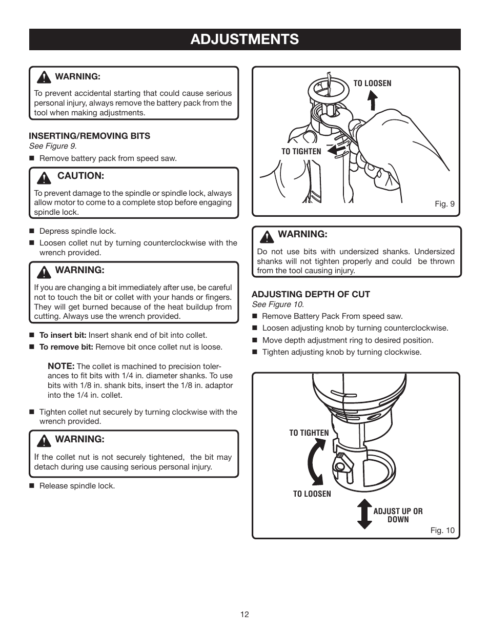 Adjustments | Ryobi P530 User Manual | Page 12 / 46
