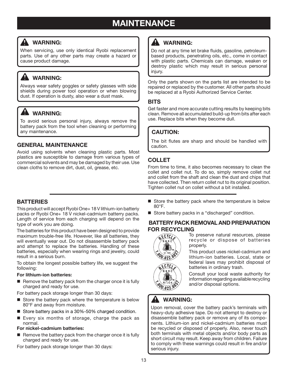 Maintenance | Ryobi P530 User Manual | Page 13 / 46