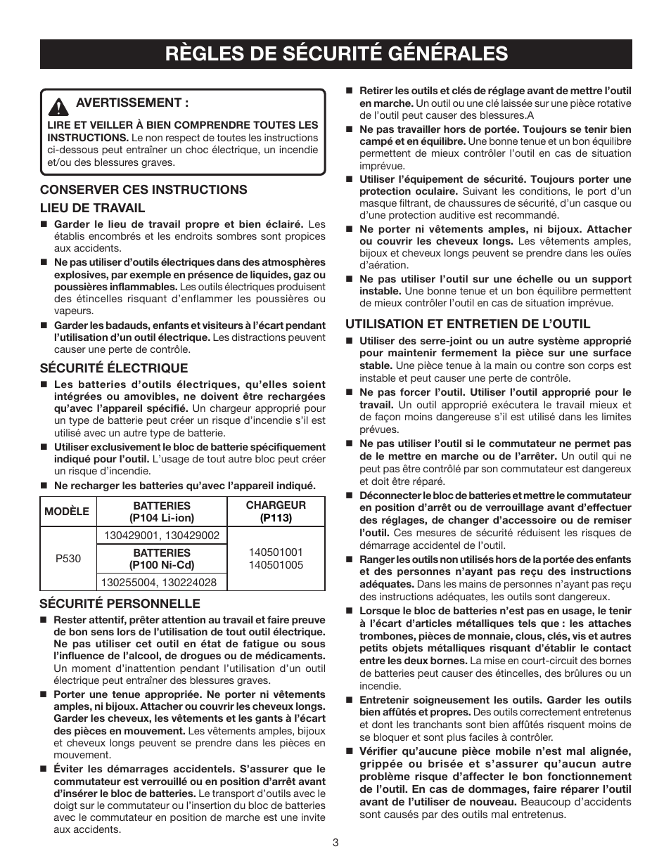 Règles de sécurité générales | Ryobi P530 User Manual | Page 17 / 46