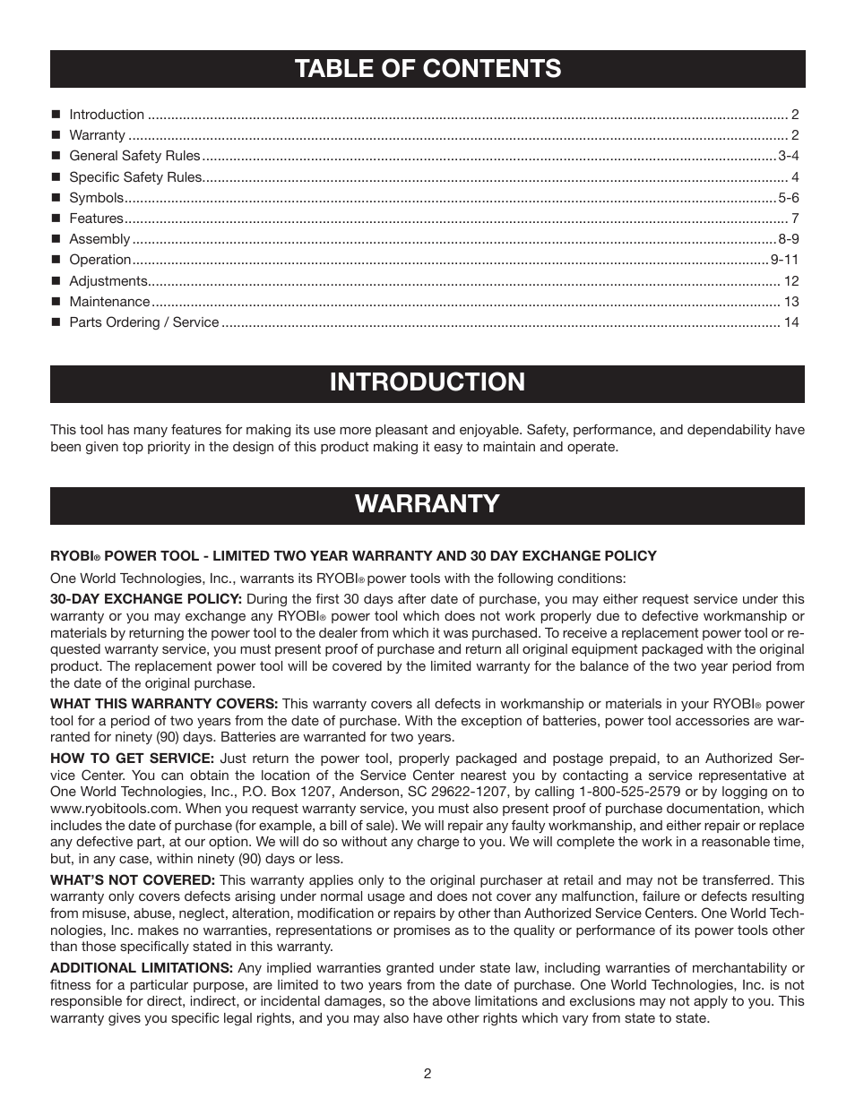 Introduction, Table of contents warranty | Ryobi P530 User Manual | Page 2 / 46