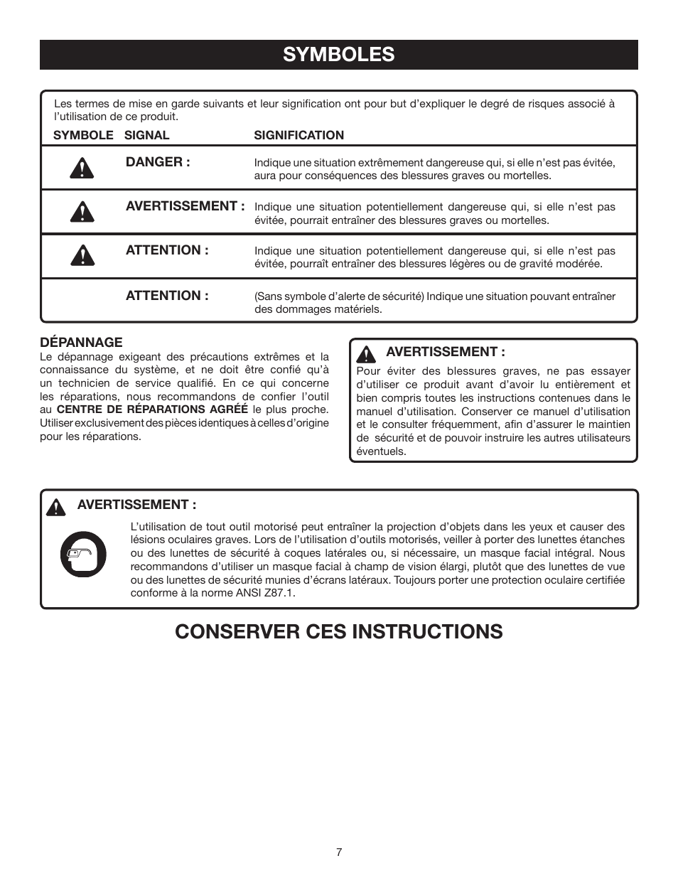 Symboles, Conserver ces instructions | Ryobi P530 User Manual | Page 21 / 46