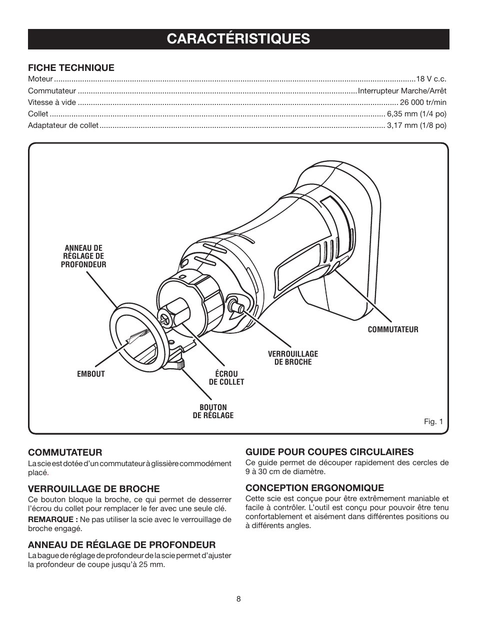 Caractéristiques | Ryobi P530 User Manual | Page 22 / 46