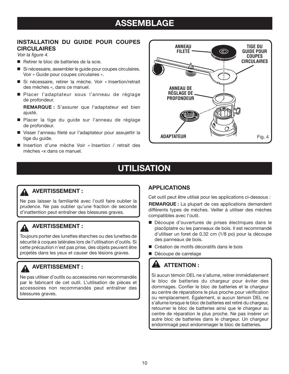 Utilisation, Assemblage | Ryobi P530 User Manual | Page 24 / 46
