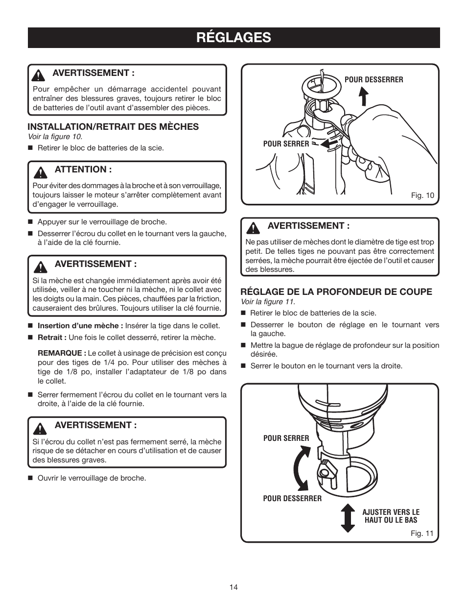 Réglages | Ryobi P530 User Manual | Page 28 / 46