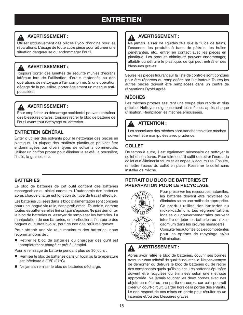 Entretien | Ryobi P530 User Manual | Page 29 / 46