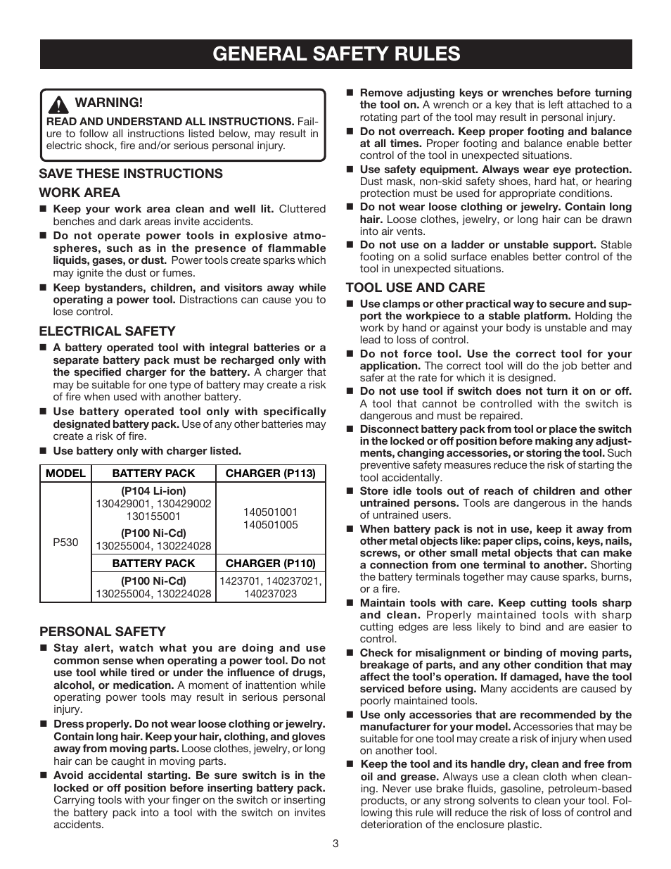 General safety rules | Ryobi P530 User Manual | Page 3 / 46