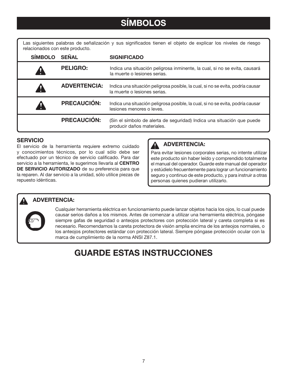 Símbolos, Guarde estas instrucciones | Ryobi P530 User Manual | Page 37 / 46
