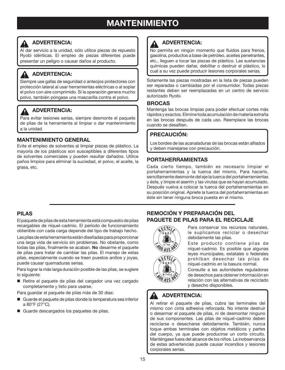 Mantenimiento | Ryobi P530 User Manual | Page 45 / 46