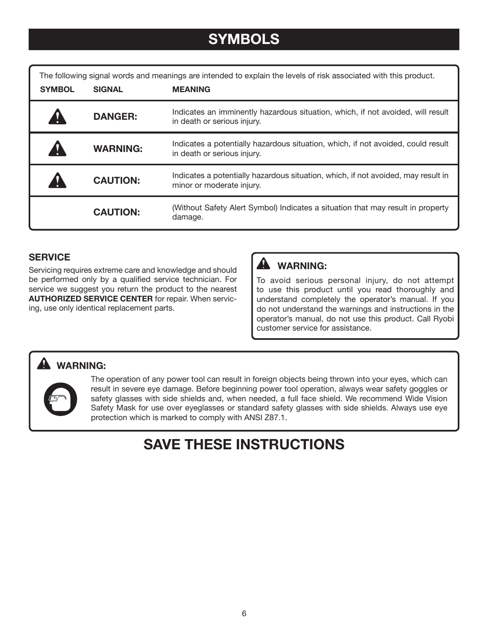 Symbols, Save these instructions | Ryobi P530 User Manual | Page 6 / 46