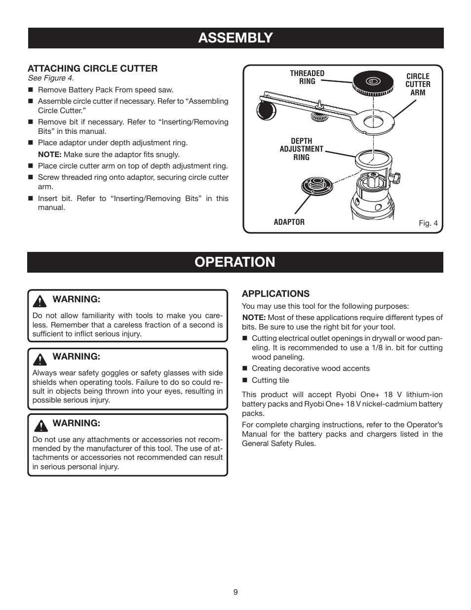 Assembly operation | Ryobi P530 User Manual | Page 9 / 46