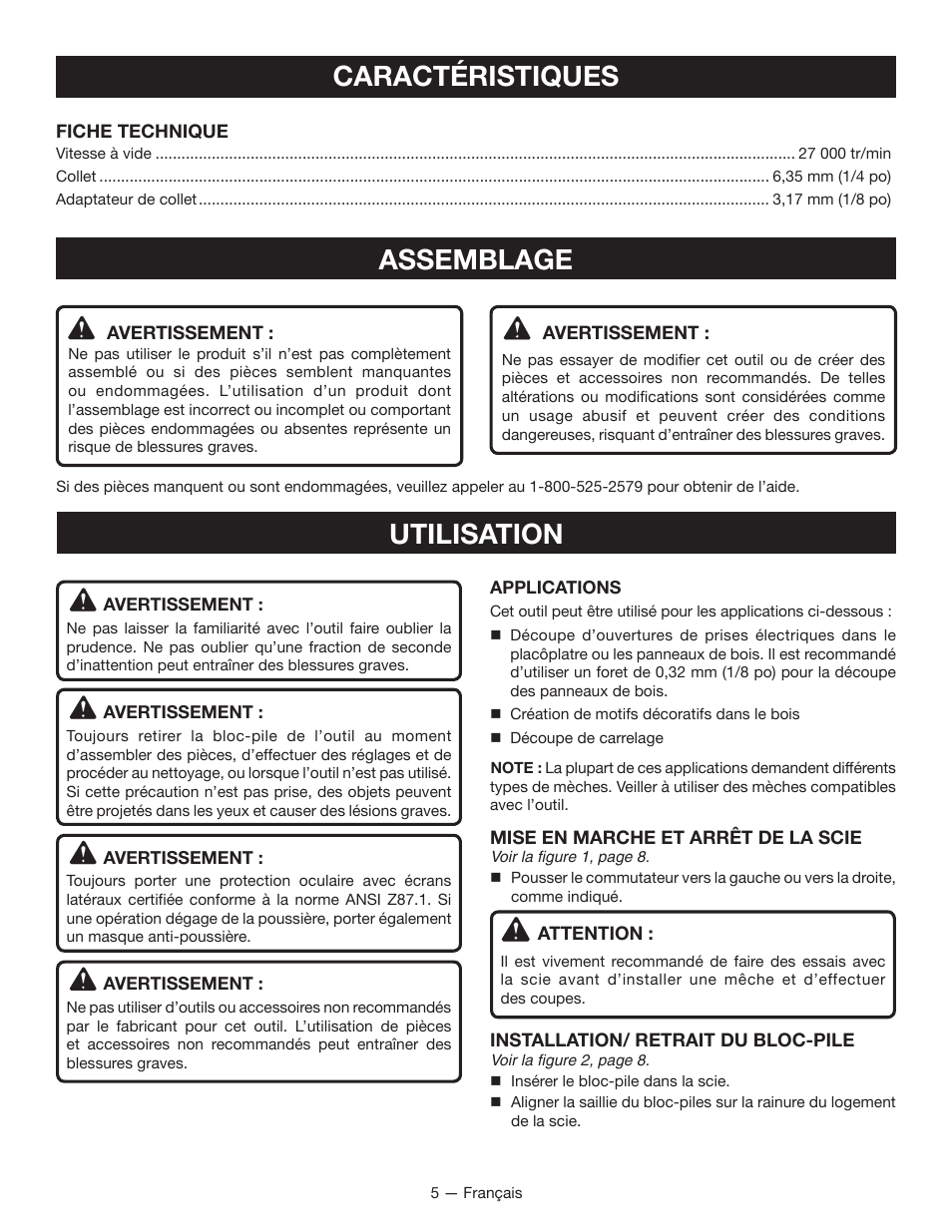Assemblage, Utilisation, Caractéristiques | Ryobi P531 User Manual | Page 11 / 24