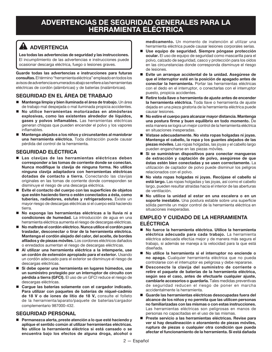 P531_088_sp, Advertencia | Ryobi P531 User Manual | Page 14 / 24