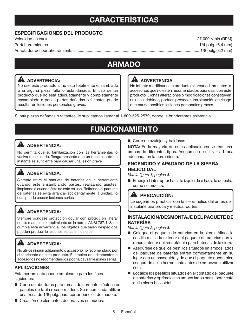 Armado, Funcionamiento, Características | Ryobi P531 User Manual | Page 17 / 24