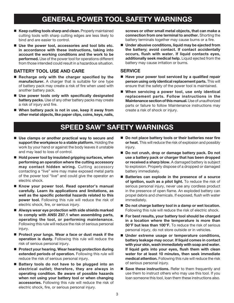 General power tool safety warnings, Speed saw, Safety warnings | Ryobi P531 User Manual | Page 3 / 24