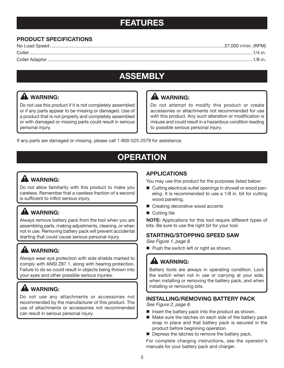 Assembly, Operation, Features | Ryobi P531 User Manual | Page 5 / 24