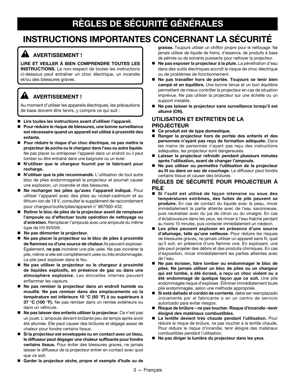 Règles de sécurité générales, Instructions importantes concernant la sécurité | Ryobi P715 User Manual | Page 10 / 24