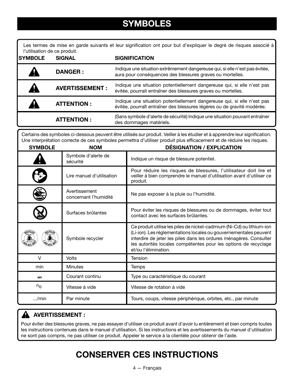 Symboles conserver ces instructions | Ryobi P715 User Manual | Page 11 / 24