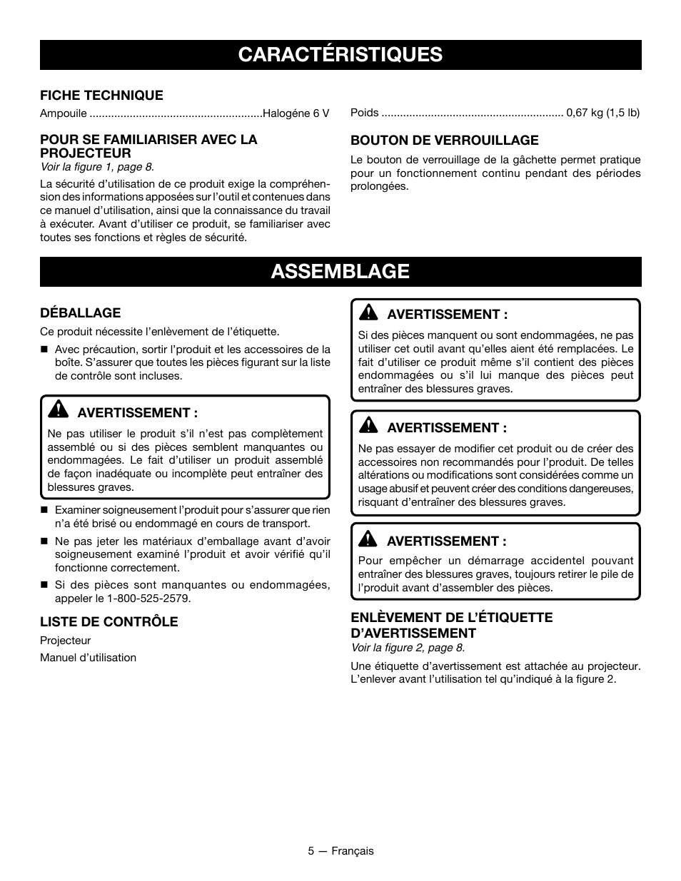 Caractéristiques, Assemblage | Ryobi P715 User Manual | Page 12 / 24