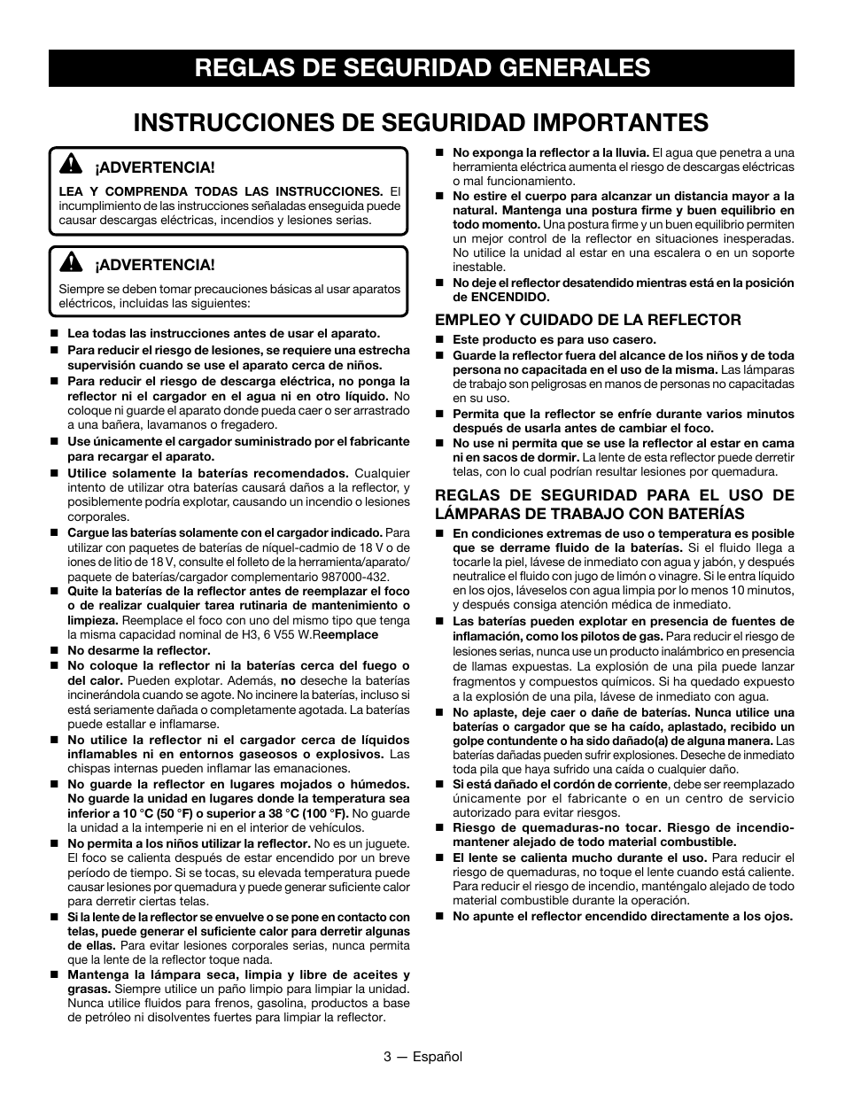 Reglas de seguridad generales, Instrucciones de seguridad importantes | Ryobi P715 User Manual | Page 17 / 24
