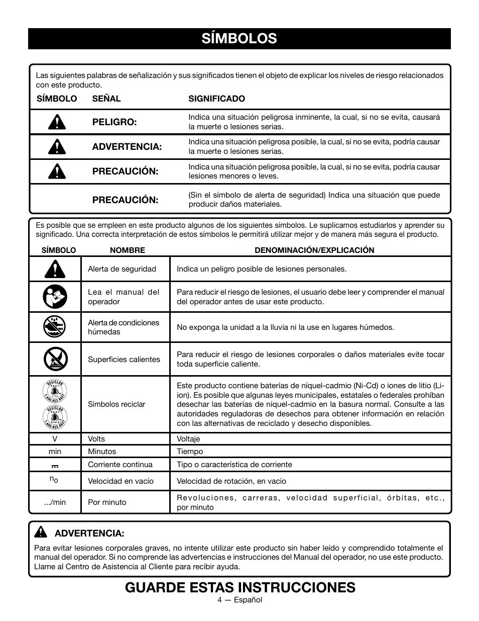Símbolos guarde estas instrucciones | Ryobi P715 User Manual | Page 18 / 24