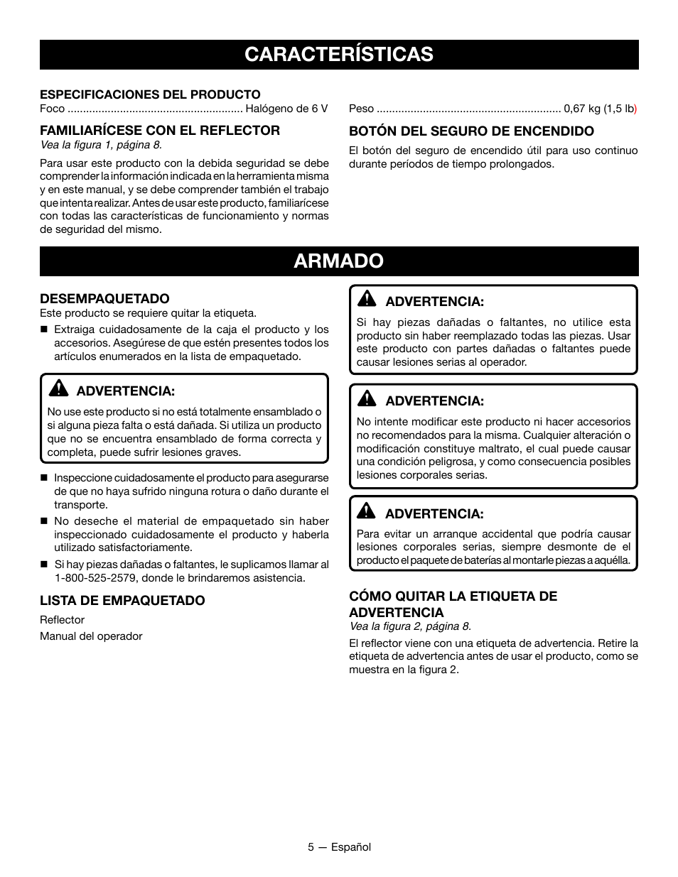 Características, Armado | Ryobi P715 User Manual | Page 19 / 24