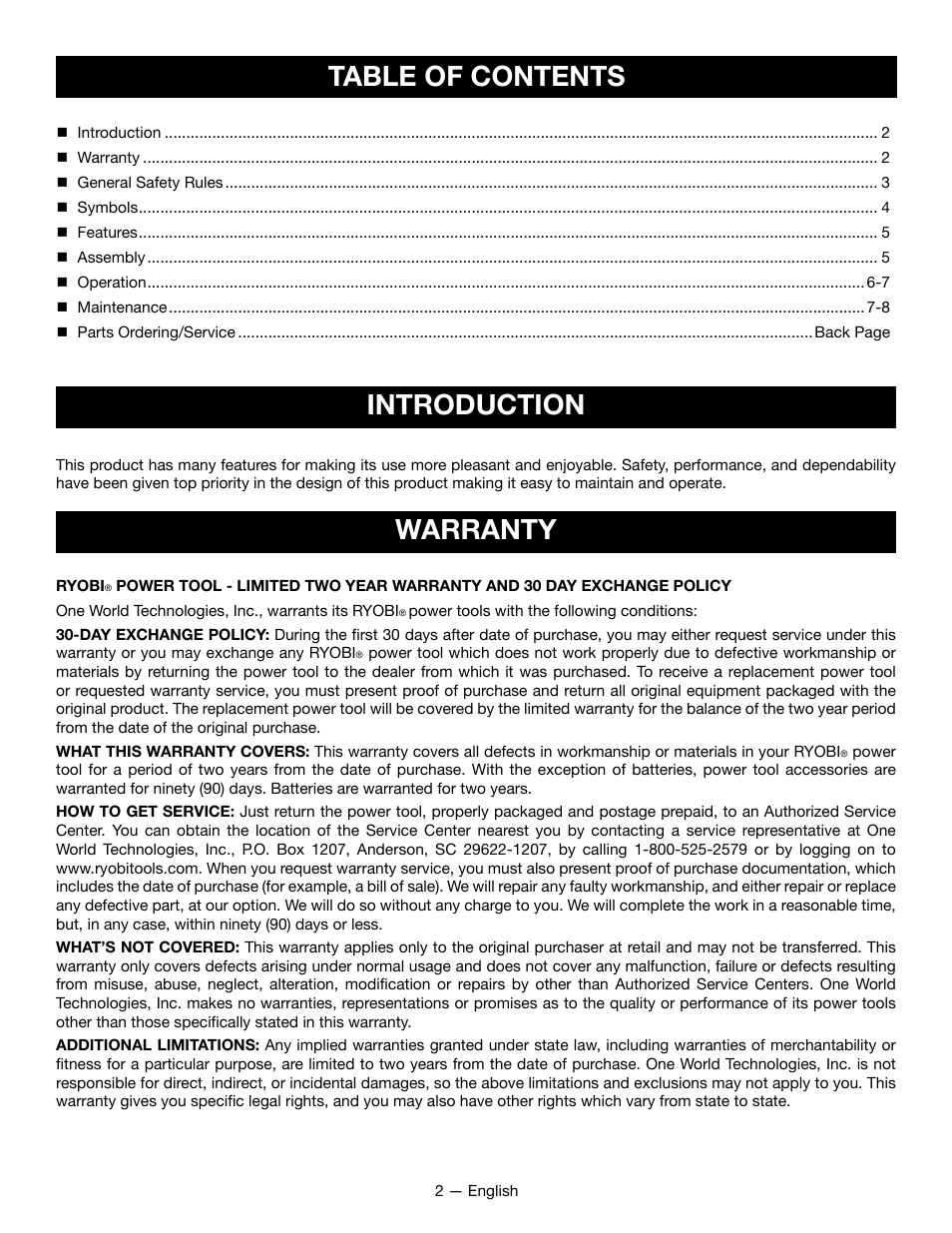 Table of contents introduction, Warranty | Ryobi P715 User Manual | Page 2 / 24