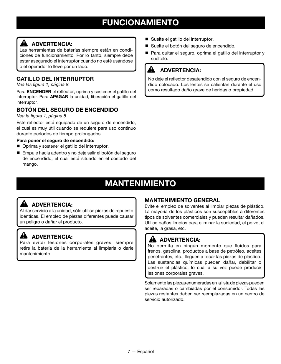 Mantenimiento, Funcionamiento | Ryobi P715 User Manual | Page 21 / 24