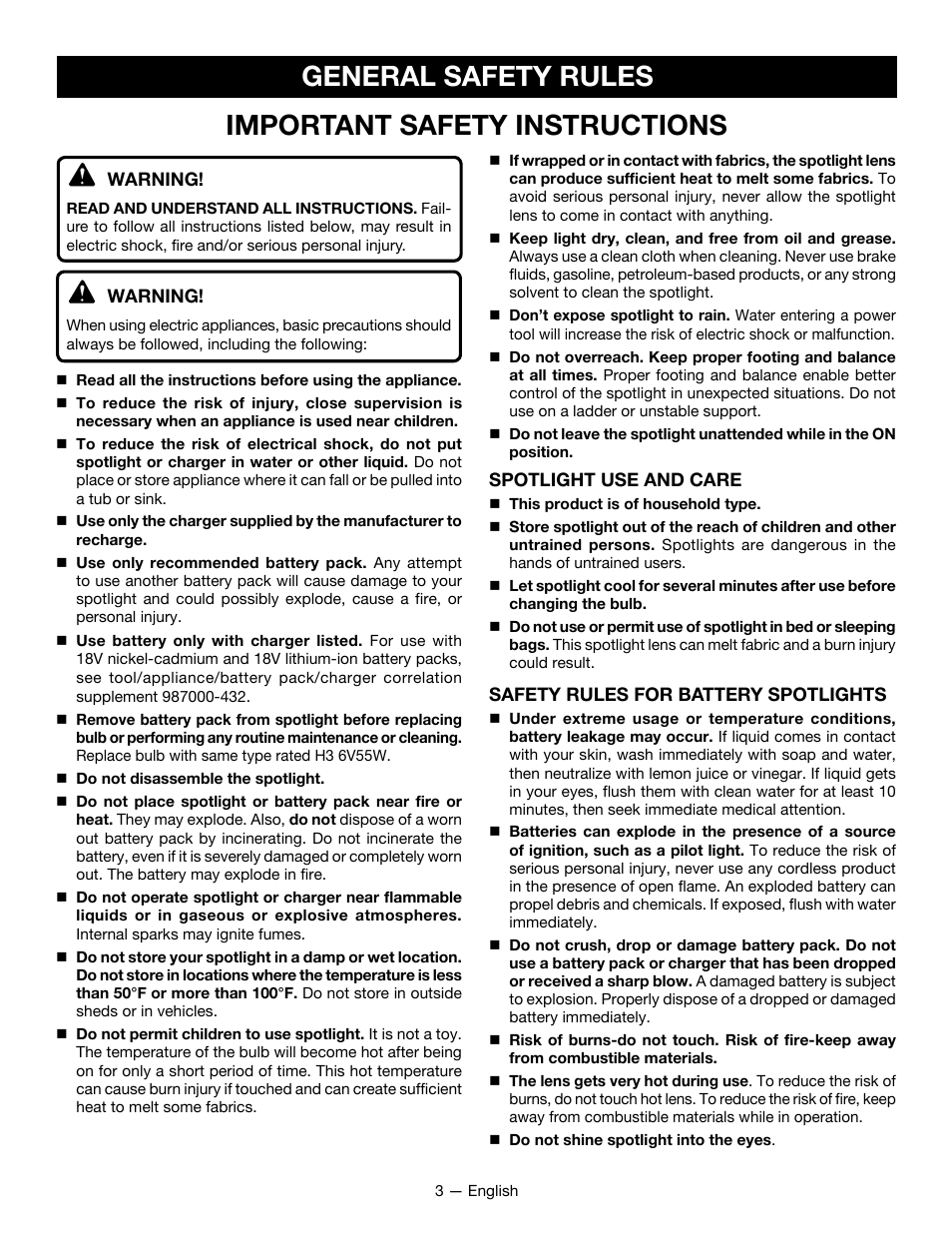 General safety rules, Important safety instructions | Ryobi P715 User Manual | Page 3 / 24