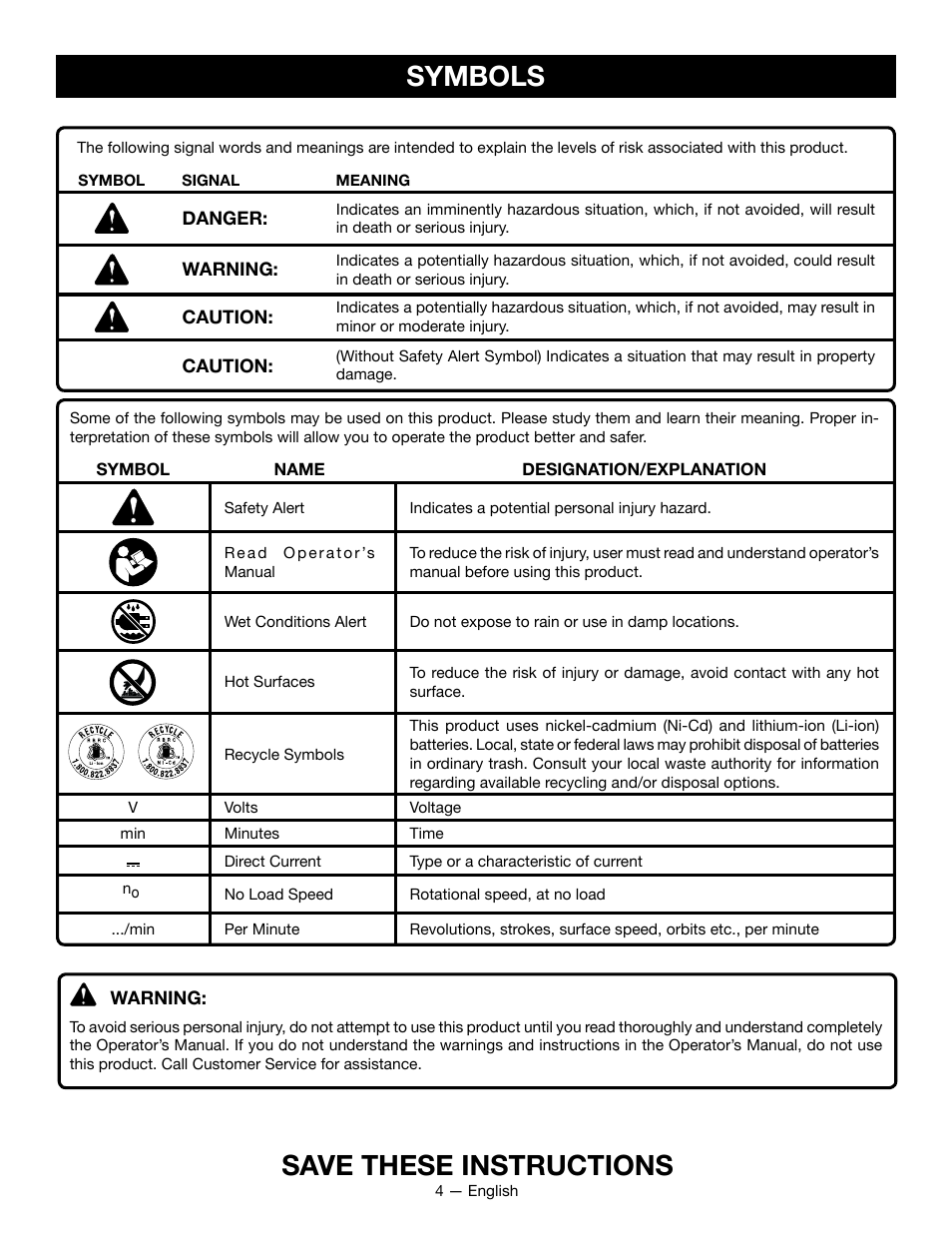 Symbols, Save these instructions | Ryobi P715 User Manual | Page 4 / 24