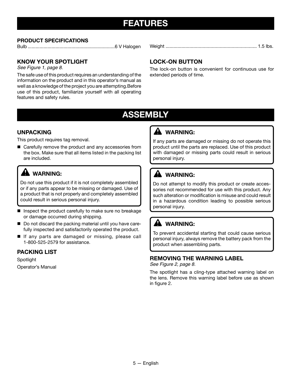 Features, Assembly | Ryobi P715 User Manual | Page 5 / 24