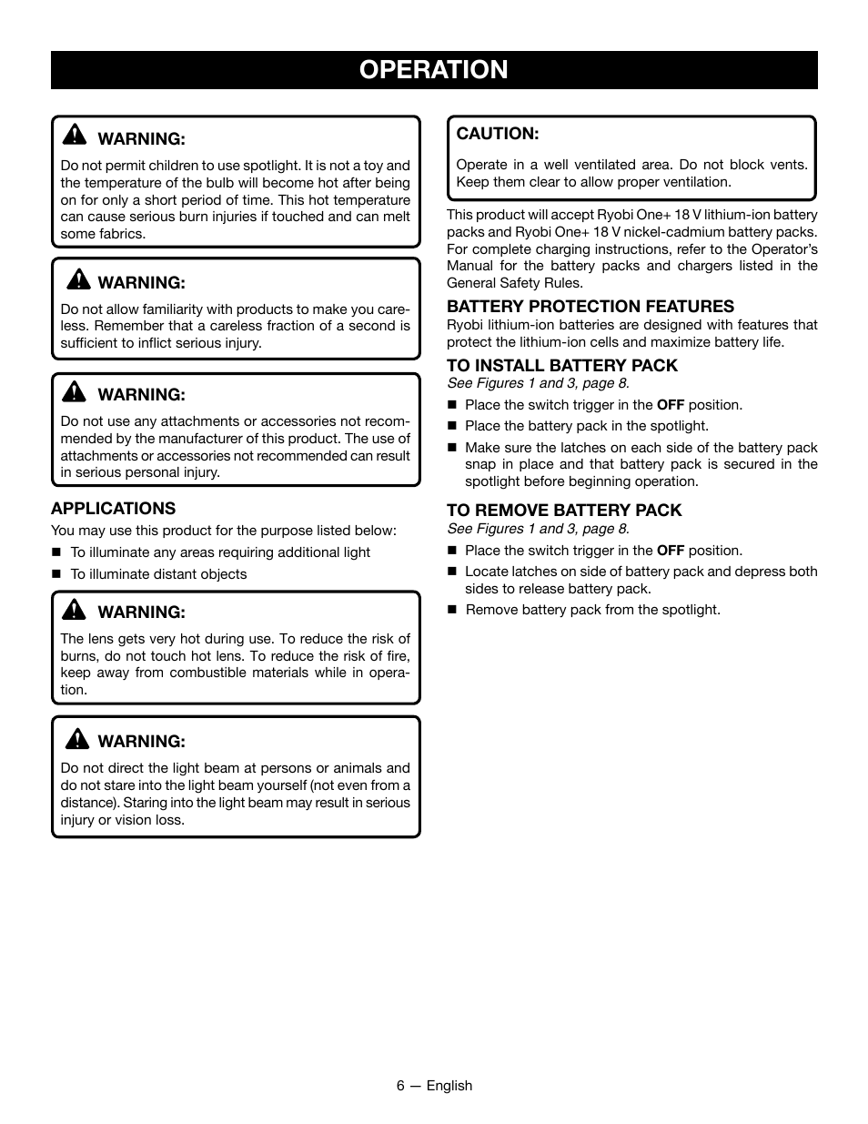 Operation | Ryobi P715 User Manual | Page 6 / 24