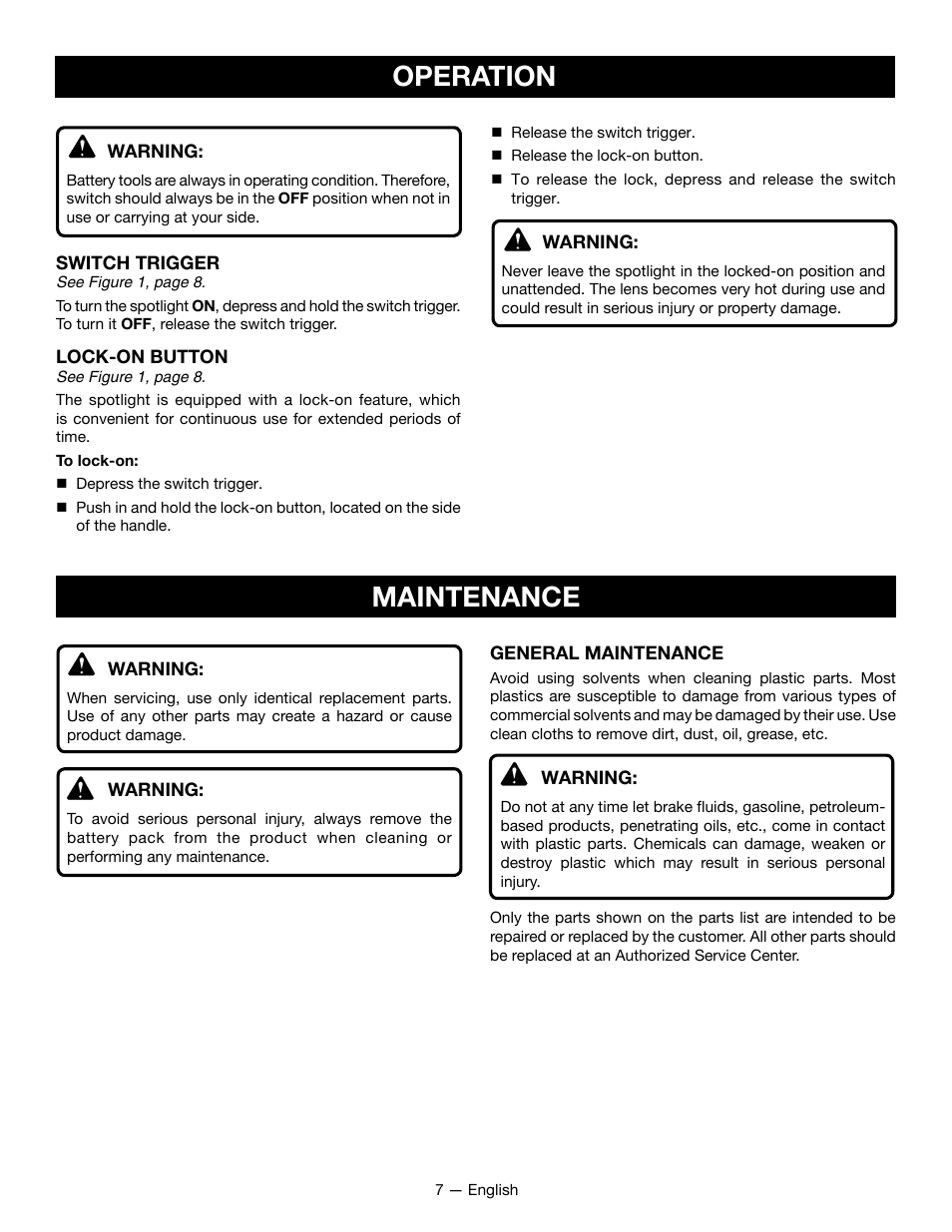 Operation maintenance | Ryobi P715 User Manual | Page 7 / 24