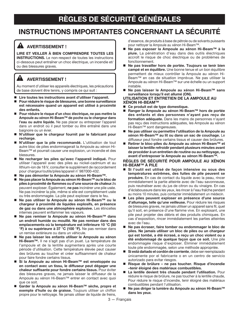 Règles de sécurité générales, Instructions importantes concernant la sécurité | Ryobi P716 User Manual | Page 10 / 24