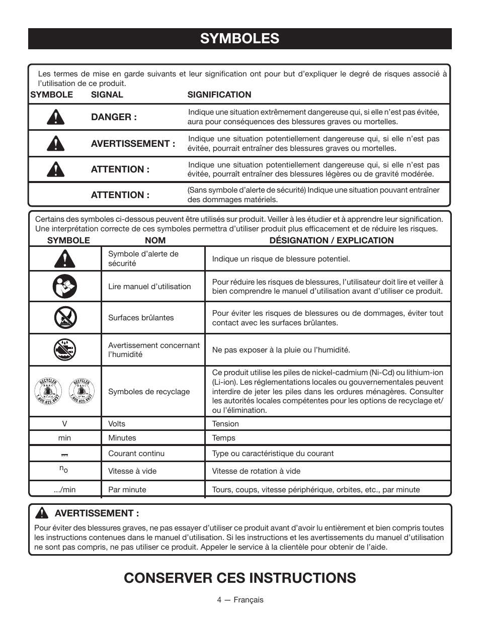 Symboles conserver ces instructions | Ryobi P716 User Manual | Page 11 / 24