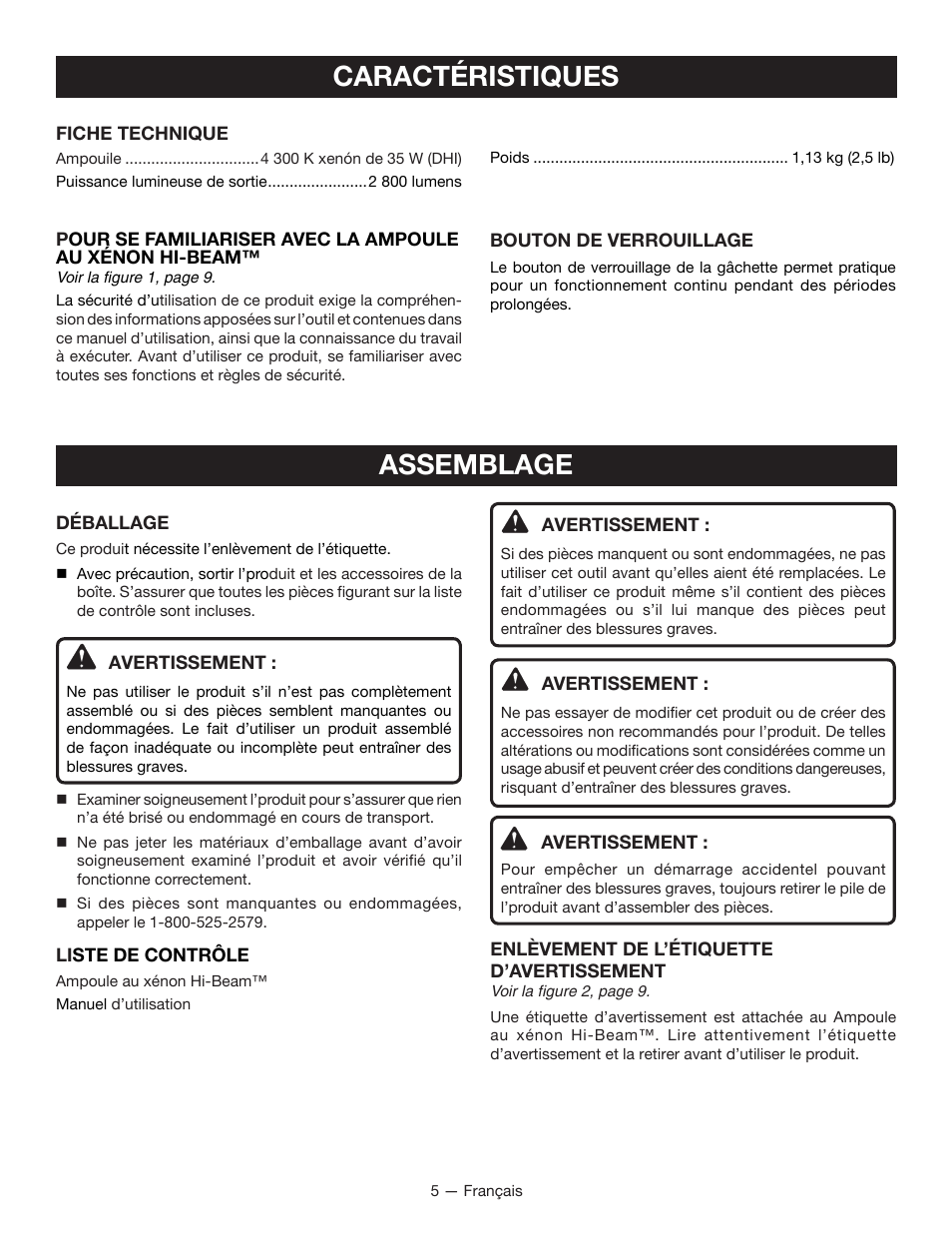 Caractéristiques, Assemblage | Ryobi P716 User Manual | Page 12 / 24